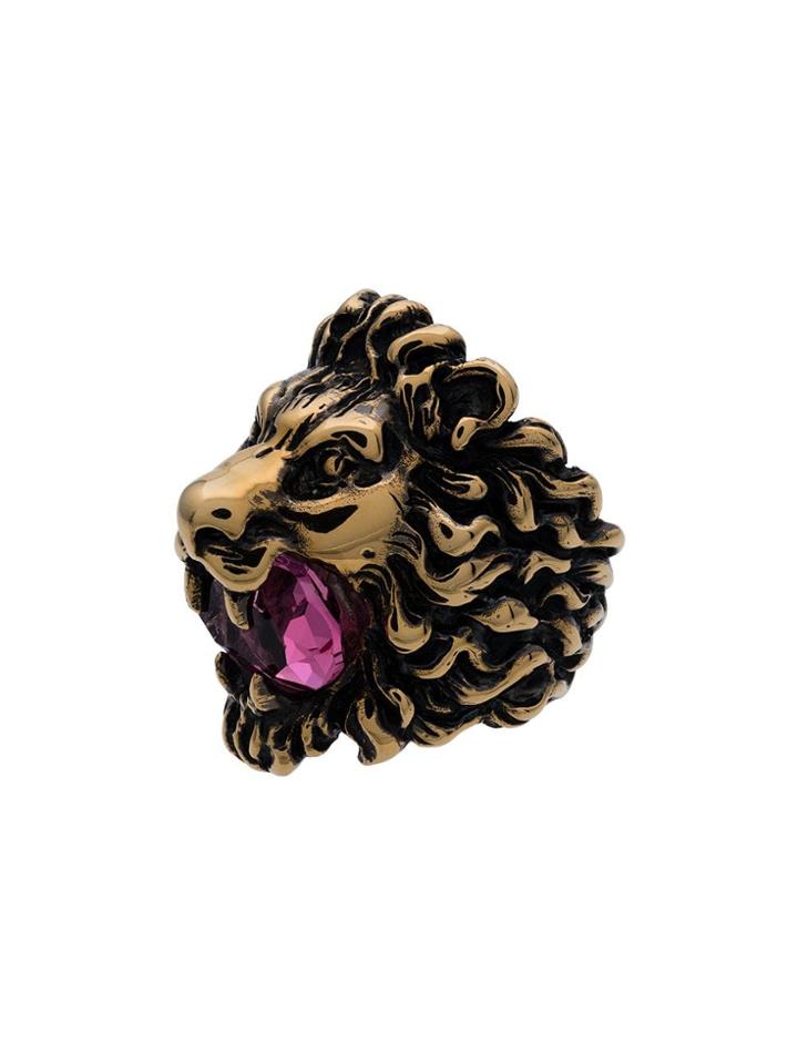 Gucci Lion Head Crystal Ring - Gold