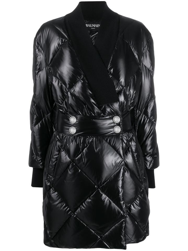 Balmain Quilted Patent Coat - Black