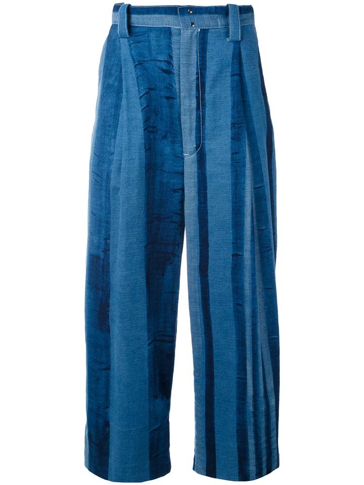 Y's - Striped Cropped Trousers - Women - Cotton - 1, Blue, Cotton