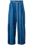 Y's - Striped Cropped Trousers - Women - Cotton - 1, Blue, Cotton