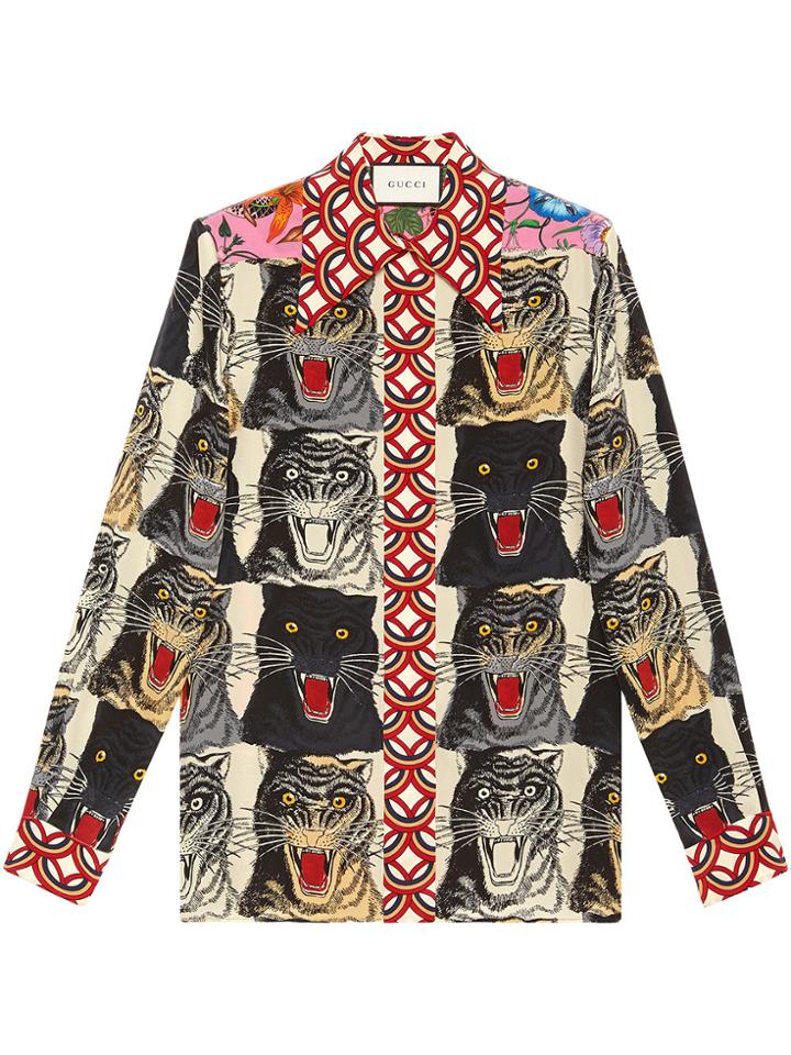 Gucci Tiger Face Print Silk Shirt - Black