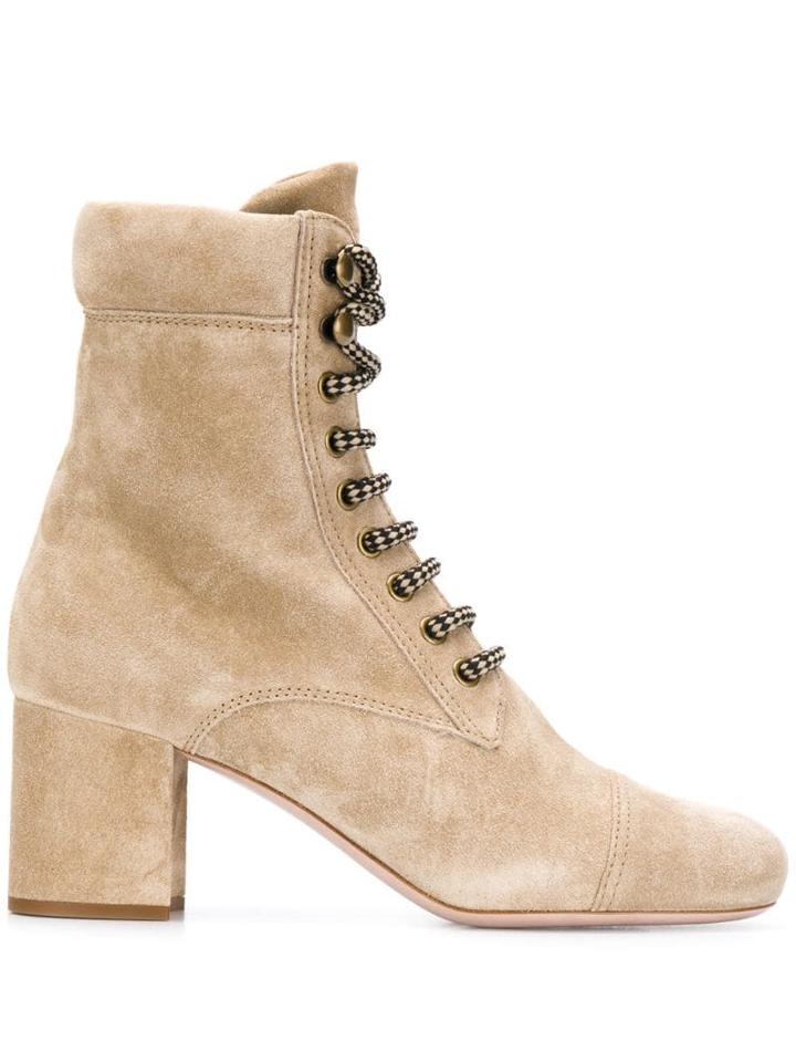 Miu Miu Lace-up Suede Booties - Neutrals