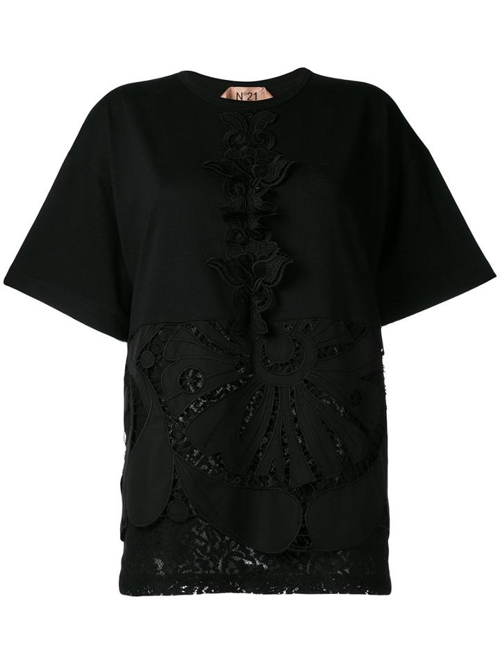 No21 Embellished Lace Detail T-shirt, Women's, Size: 38, Black, Cotton/acetate/silk