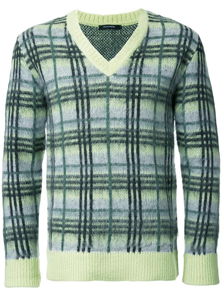 Guild Prime Plaid V Neck Jumper, Men's, Size: 2, Yellow/orange, Acrylic/nylon/mohair