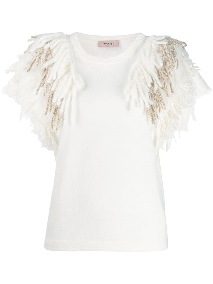 Twin-set Tassel Shoulder Knitted Top - White