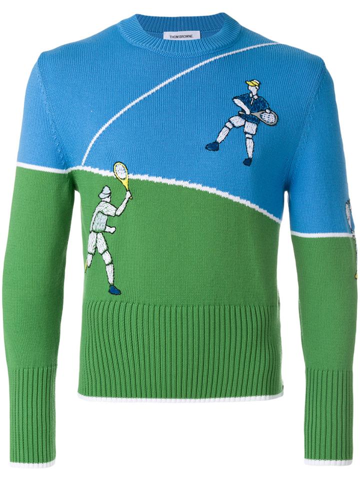 Thom Browne Classic Crewneck Pullover With Tennis Player Embroidery In