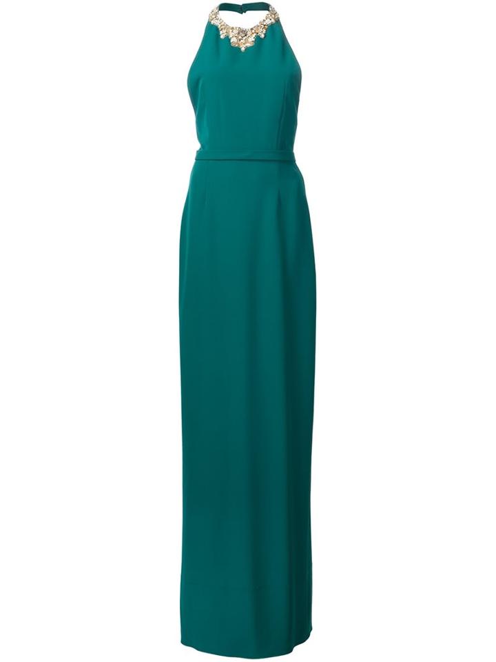 Marchesa Notte Embellished Neck Gown, Women's, Size: 4, Green, Polyester