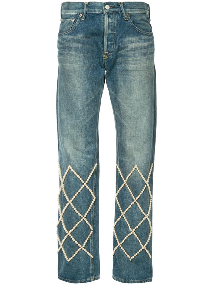 Tu Es Mon Trésor Pearl Embellished Boyfriend Jeans Short Length - Blue