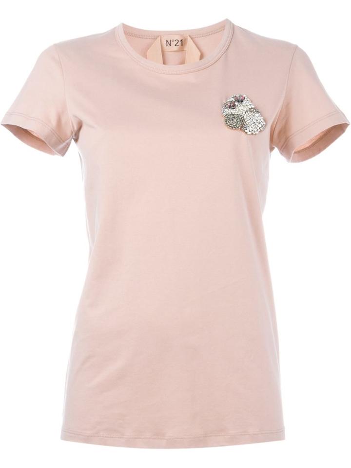 No21 Rhinestone Monkey Appliqué T-shirt, Women's, Size: 40, Nude/neutrals, Cotton