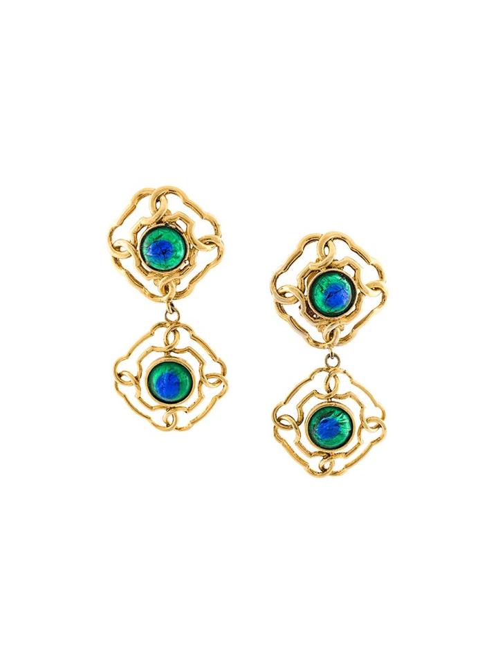 Chanel Vintage Iridescent Dangling Clip-on Earrings, Women's, Blue