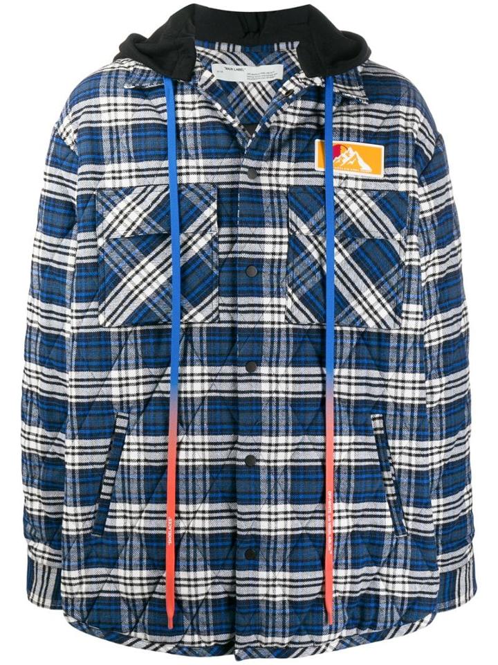 Off-white Oversized Hooded Checked Coat - Blue