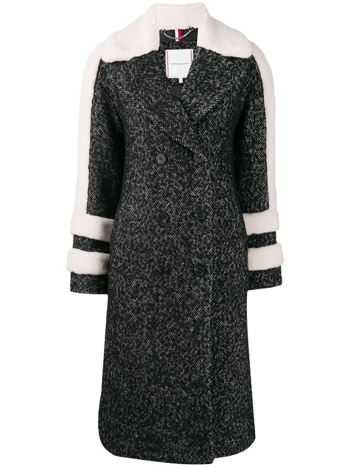 Tommy Hilfiger Double Breasted Herringbone Coat - Black