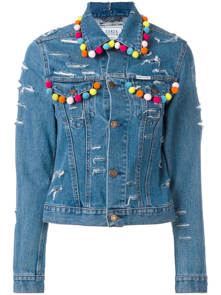 Forte Couture Pompom Denim Jacket, Women's, Size: Small, Blue, Cotton/polyester