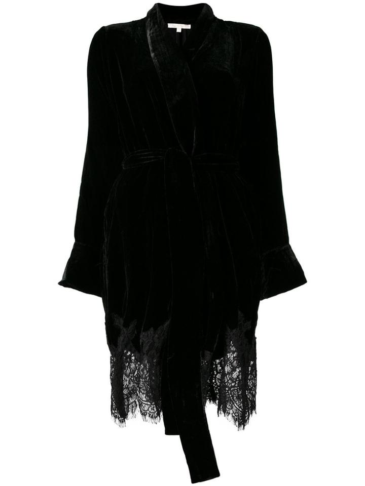 Gold Hawk Lace Trim Velvet Kimono - Black