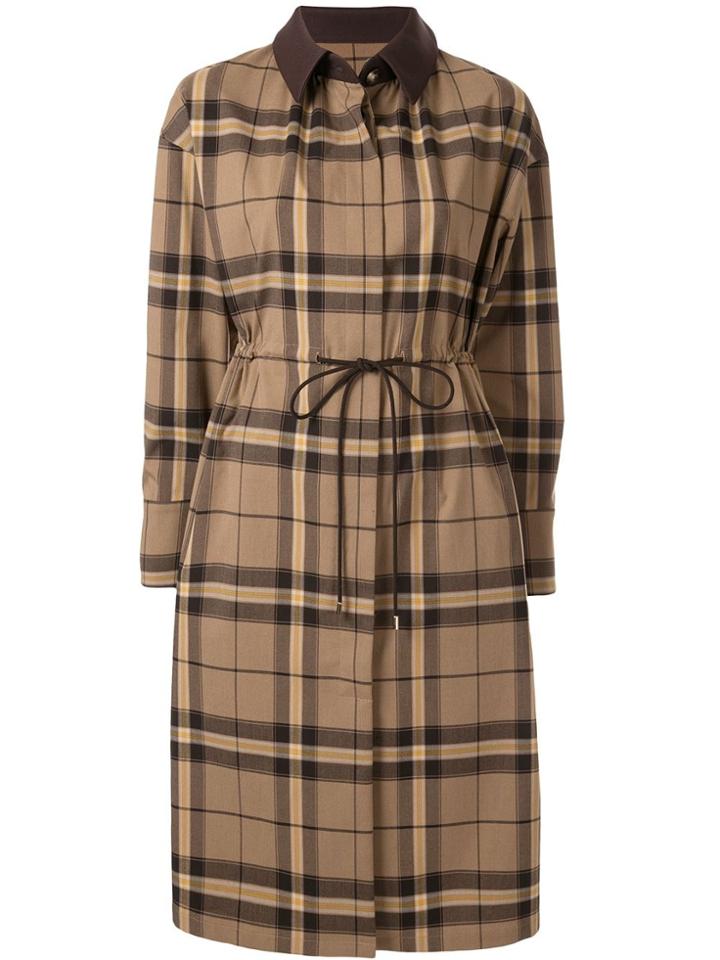 Loveless Drawstring Waist Check Coat - Brown