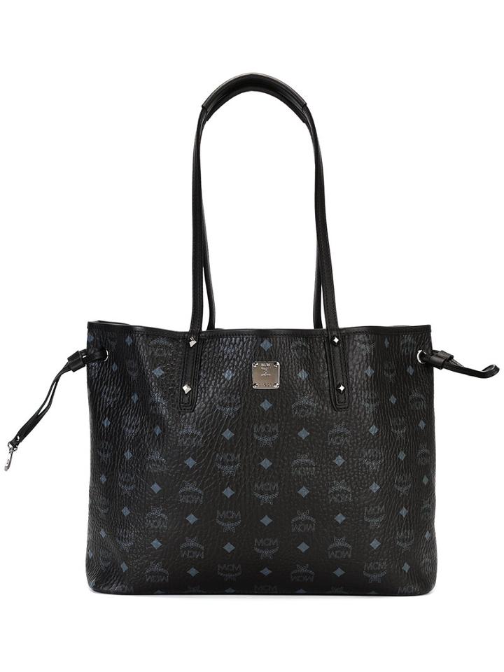 Mcm Logo Print Tote, Women's, Black, Leather