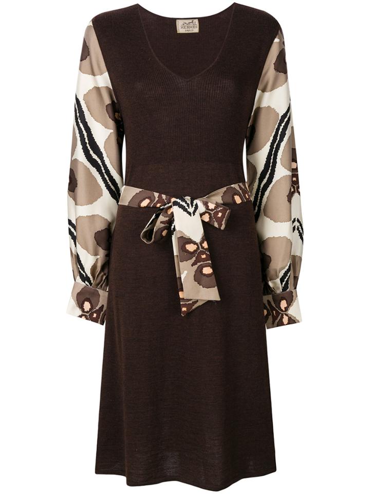 Hermès Vintage Printed Sleeves Belted Dress - Brown