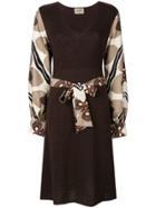 Hermès Vintage Printed Sleeves Belted Dress - Brown