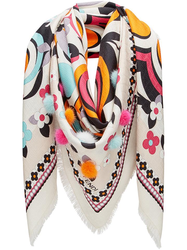 Fendi Pompom-embellished Printed Scarf - White