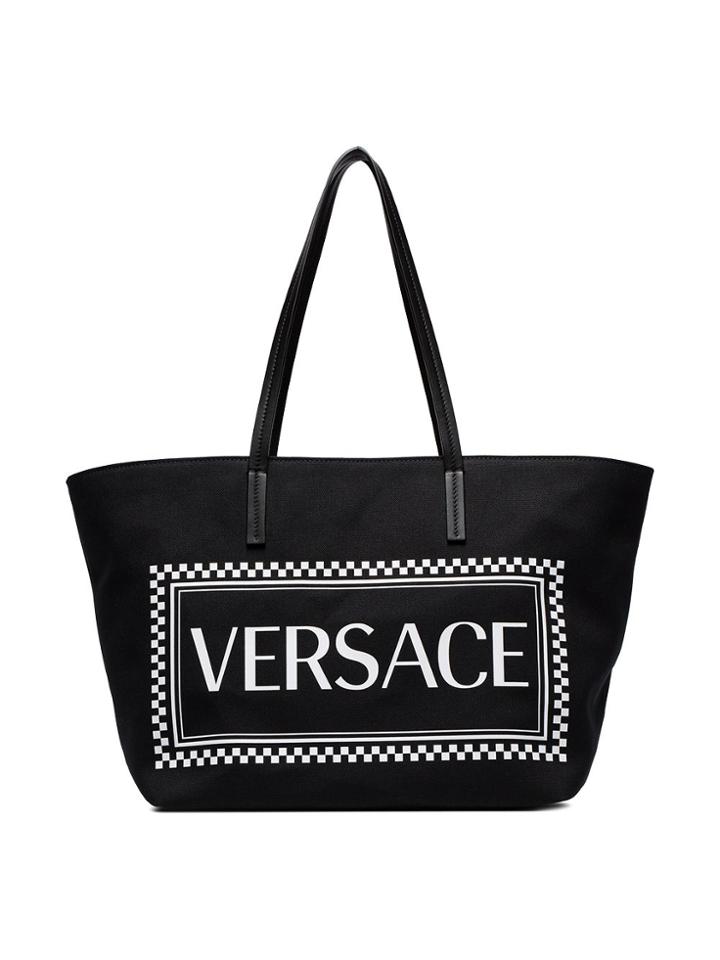 Versace Black Logo Print Canvas Tote