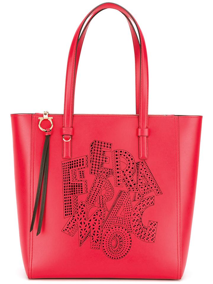 Salvatore Ferragamo Patterned Logo Tote, Women's, Red, Calf Leather