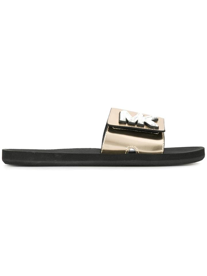 Michael Michael Kors Monogram Plaque Wrapover Slides - Gold