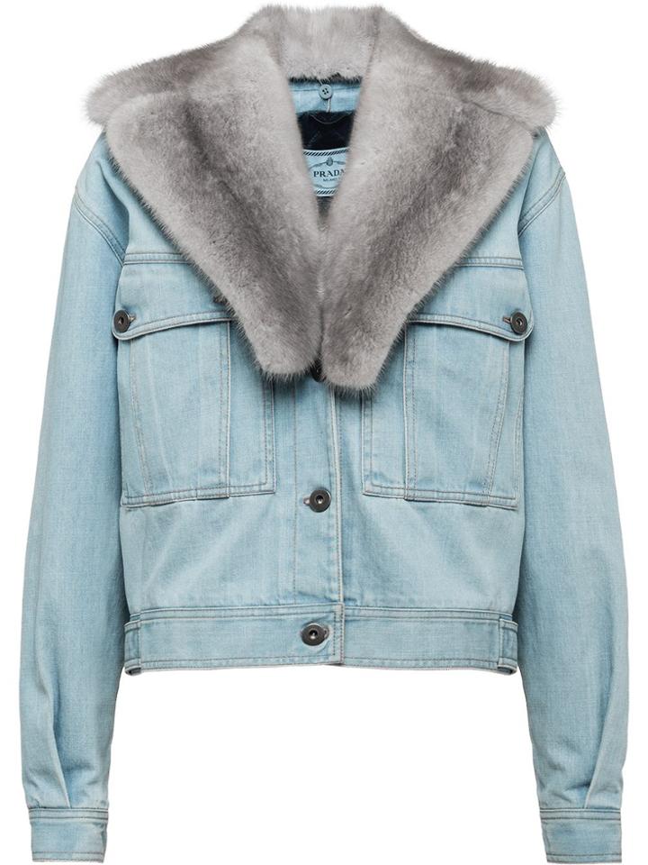 Prada Denim Jacket With Fur Collar - Blue