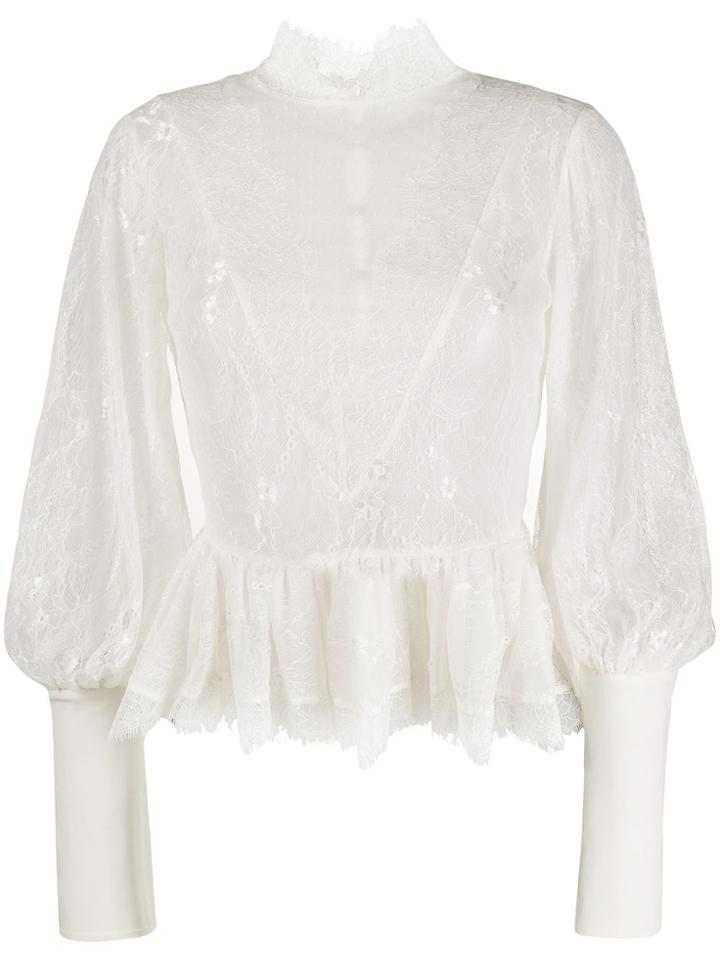 Amen Long Sleeved Lace Peplum Blouse - White