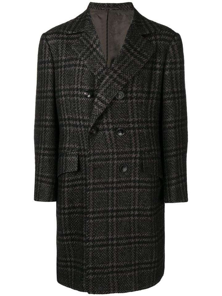 Kiton Double-breasted Check Coat - Black