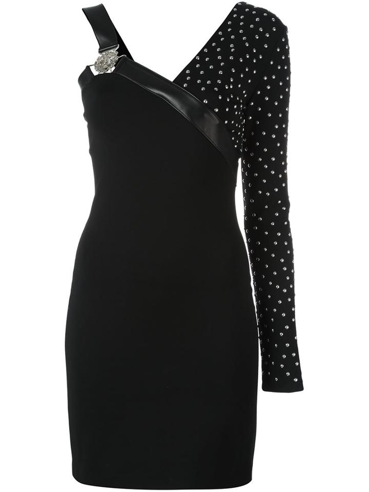 Versus Studded One-shoulder Dress, Women's, Size: 38, Black, Leather/polyamide/spandex/elastane/viscose