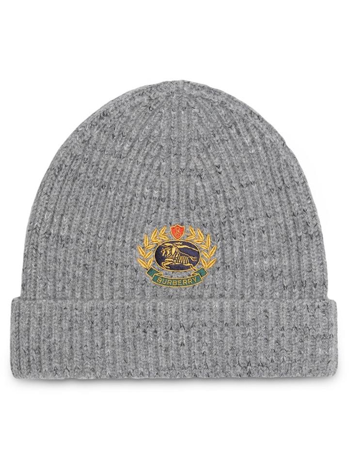Burberry Embroidered Archive Logo Wool Blend Beanie - Grey