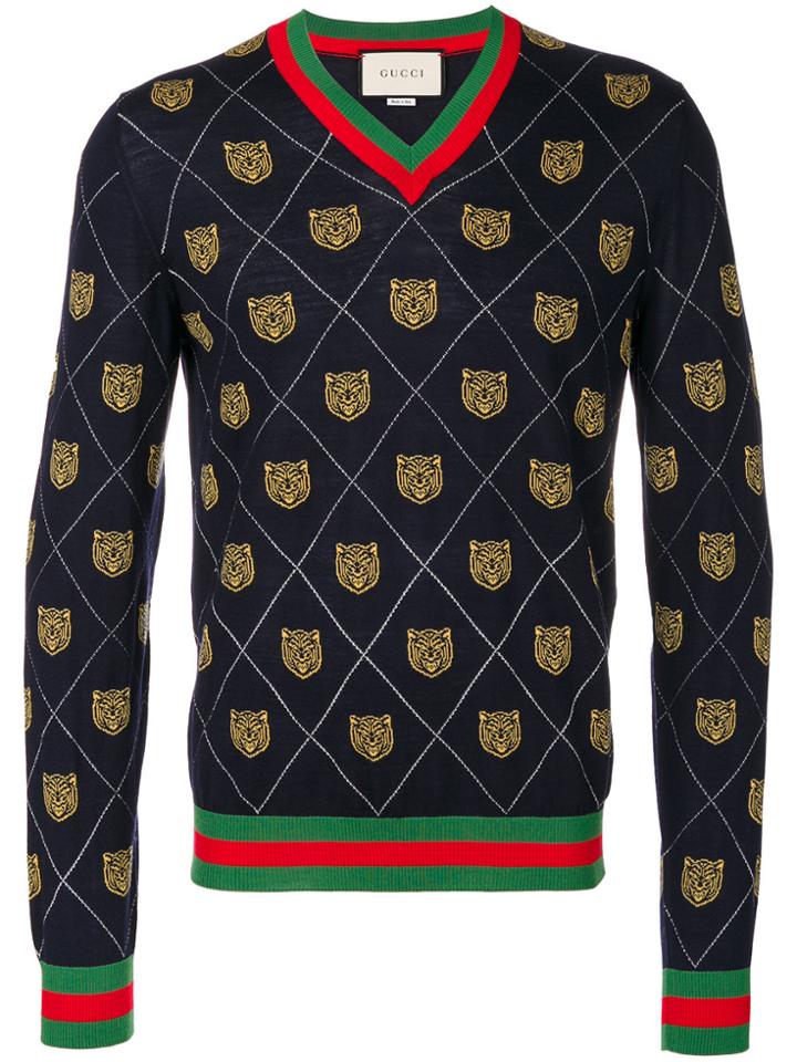 Gucci Bear Intarsia V-neck Sweater - Blue