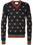 Gucci Bear Intarsia V-neck Sweater - Blue