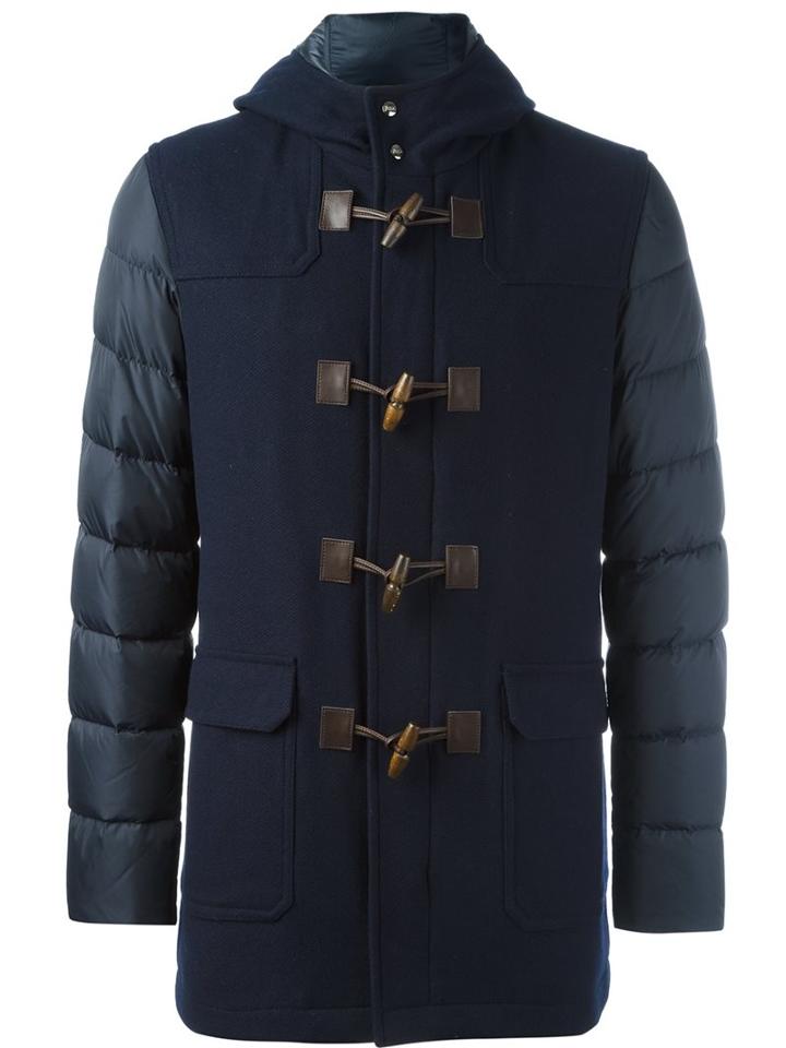 Herno Contrast Sleeve Coat, Men's, Size: 50, Blue, Feather Down/polyamide/wool