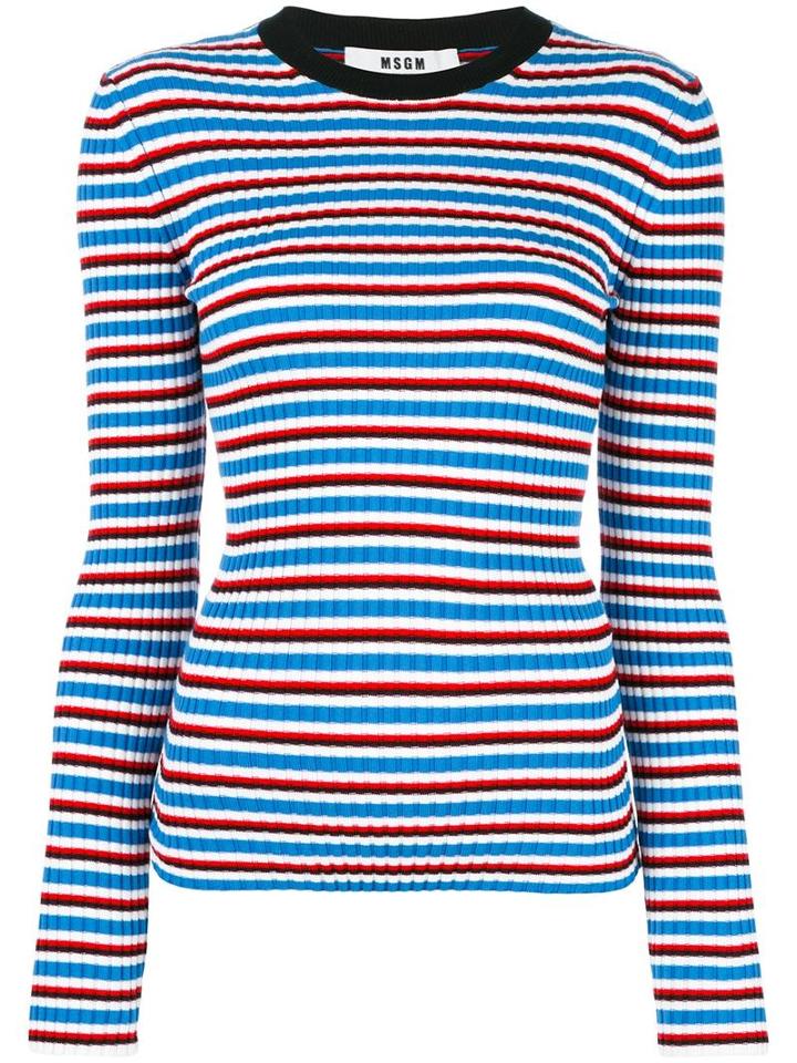 Msgm Ribbed Detail Logo Jumper, Women's, Size: Small, Blue, Cotton