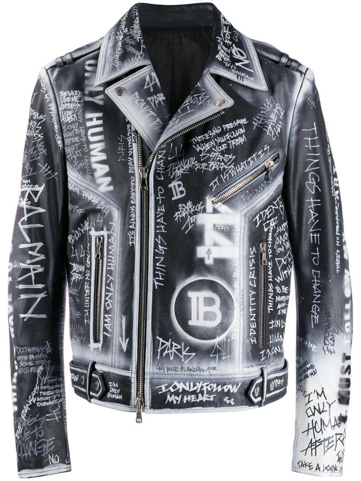 Balmain Graphic Print Leather Jacket - Black