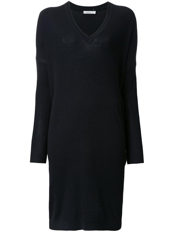 6397 V-neck Ribbed Detail Dress, Women's, Size: Small, Black, Wool