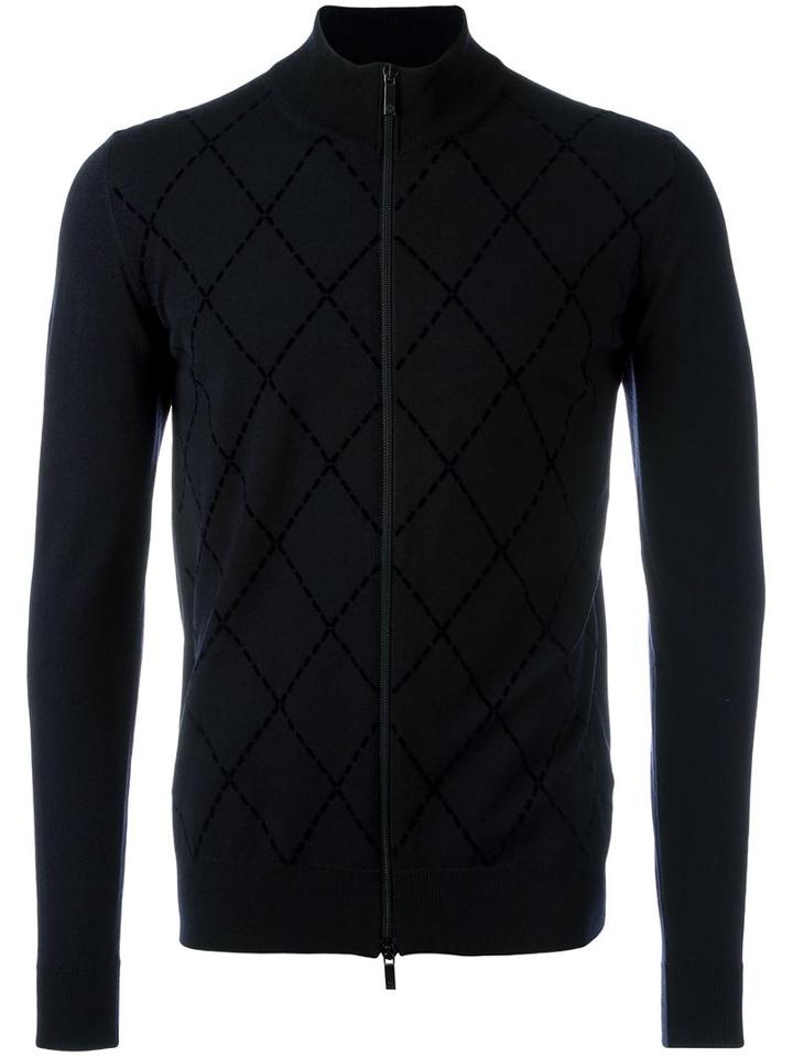 Giorgio Armani Diamond Pattern Zip Cardigan, Men's, Size: 58, Blue, Virgin Wool/polyester
