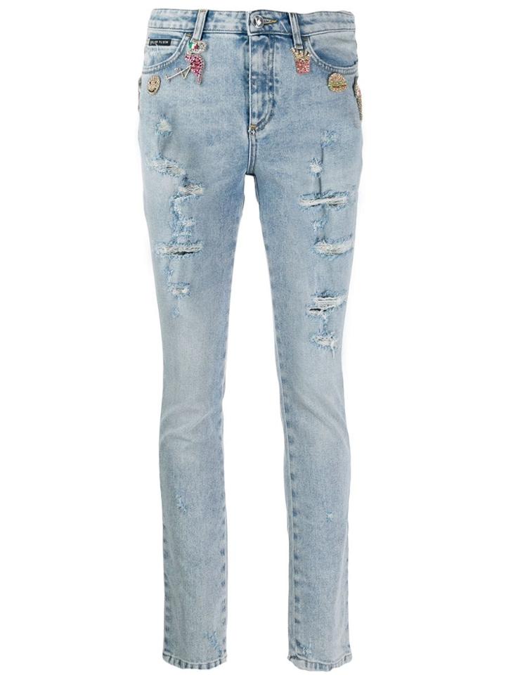 Philipp Plein Rhinestone Charm Distressed Skinny Jeans - Blue