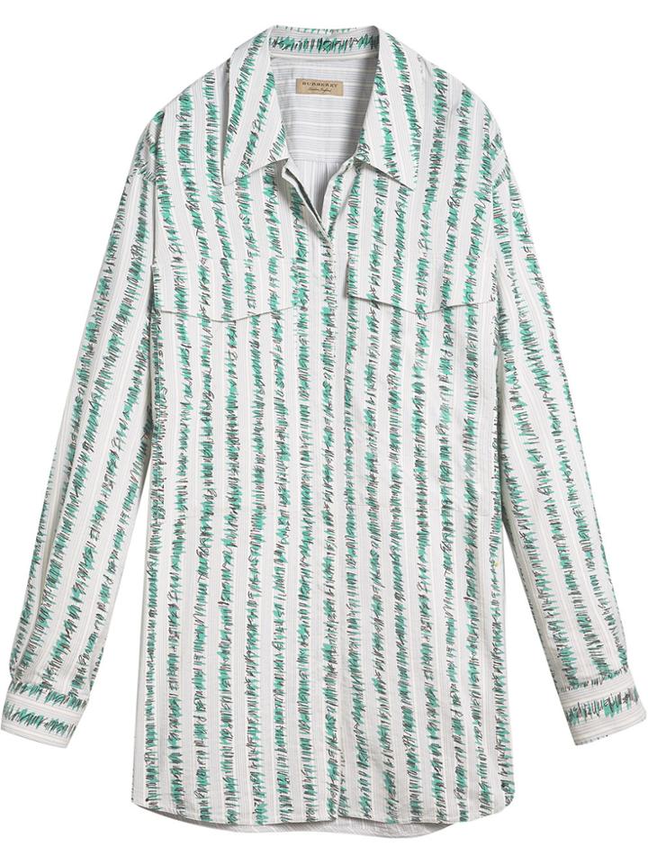 Burberry Scribble Stripe Print Silk Cotton Longline Shirt - Blue