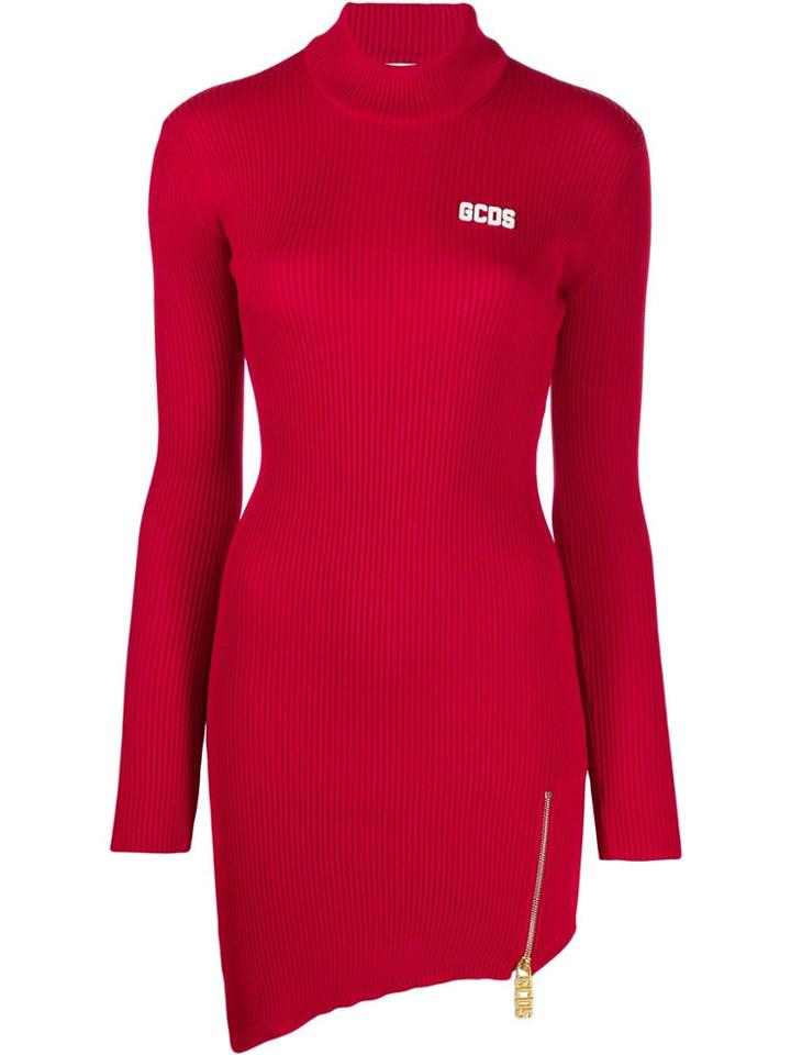 Gcds Ribbed Asymmetric Hem Dress - Red