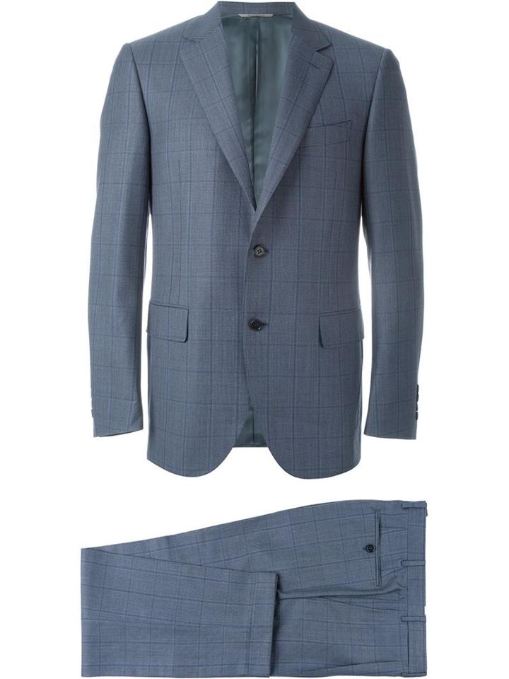 Canali Checked Notched Lapel Suit, Men's, Size: 48, Blue, Cupro/wool