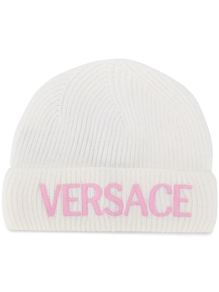 Young Versace Teen Logo Knit Beanie - White