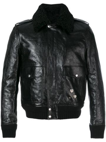 Saint Laurent - Pin Embellished Bomber Jacket - Men - Cotton/leather/sheep Skin/shearling/zamac - 50, Black, Cotton/leather/sheep Skin/shearling/zamac