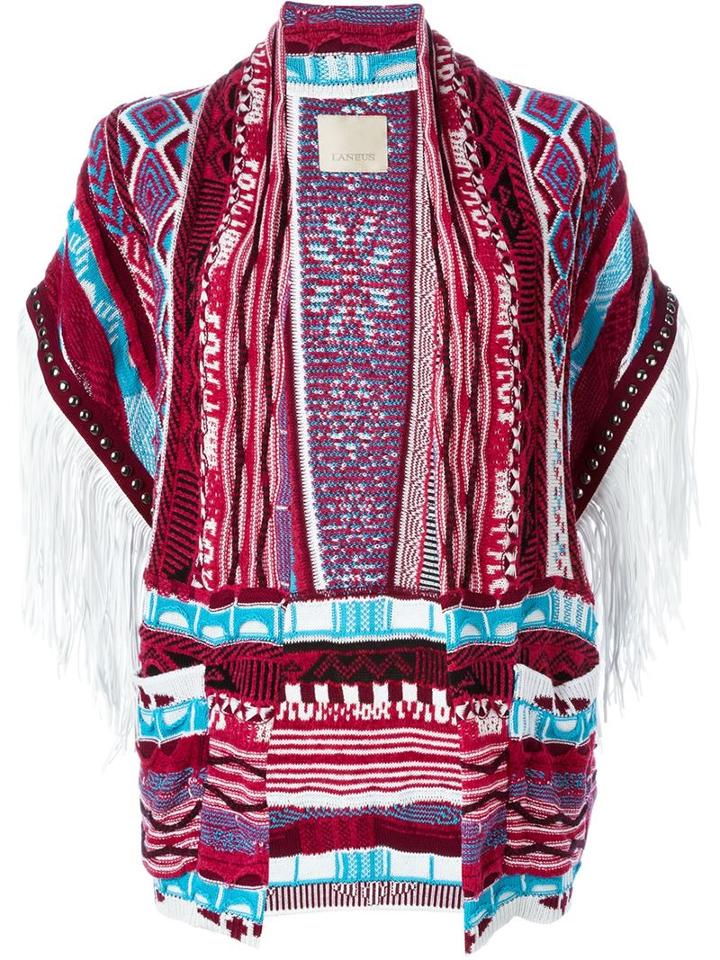 Laneus Multi Pattern Studded Fringed Knitted Coat