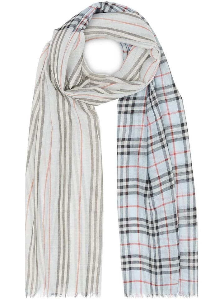 Burberry Icon Stripe And Vintage Check Wool Silk Scarf - Blue