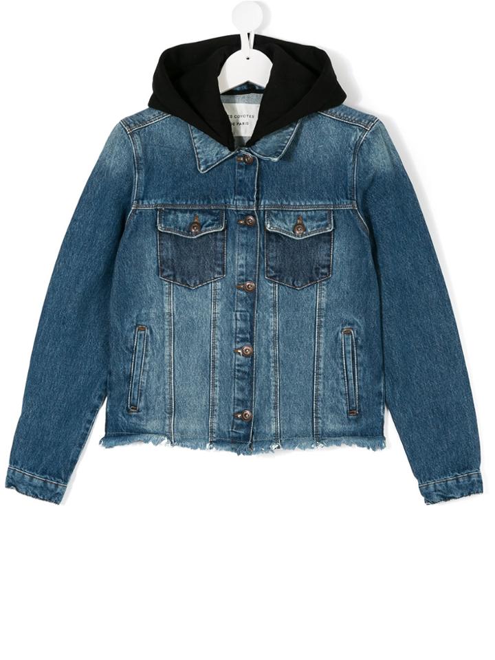 Les Coyotes De Paris Teen Back-print Hooded Denim Jacket - Blue
