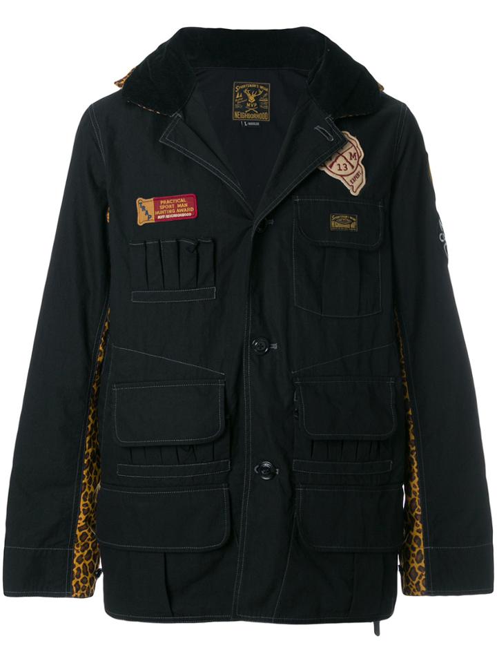 Neighborhood Leopard Print Panel Military Jacket - Black