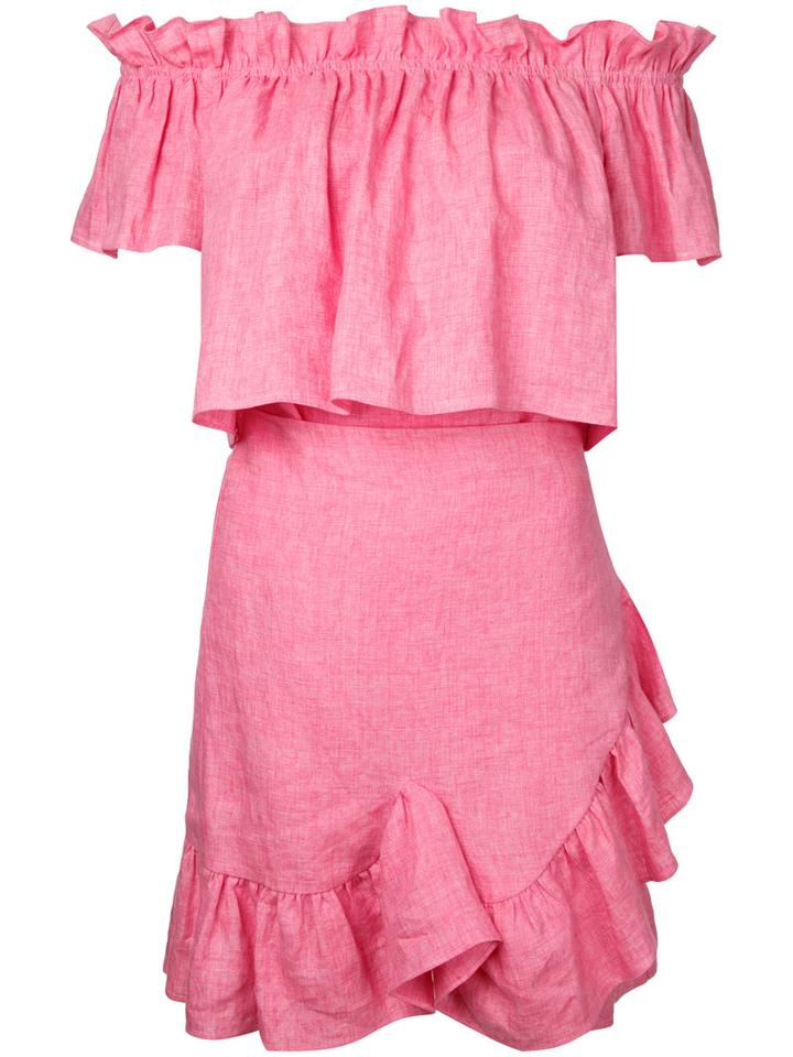 Goen.j - Ruffle Panel Bardot Dress - Women - Linen/flax - L, Pink/purple, Linen/flax