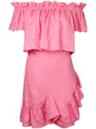 Goen.j - Ruffle Panel Bardot Dress - Women - Linen/flax - L, Pink/purple, Linen/flax